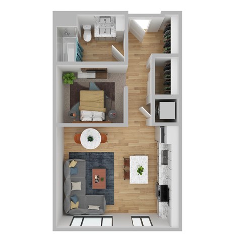 A top-down view of a modern apartment layout with a living area, kitchen, and bedroom.